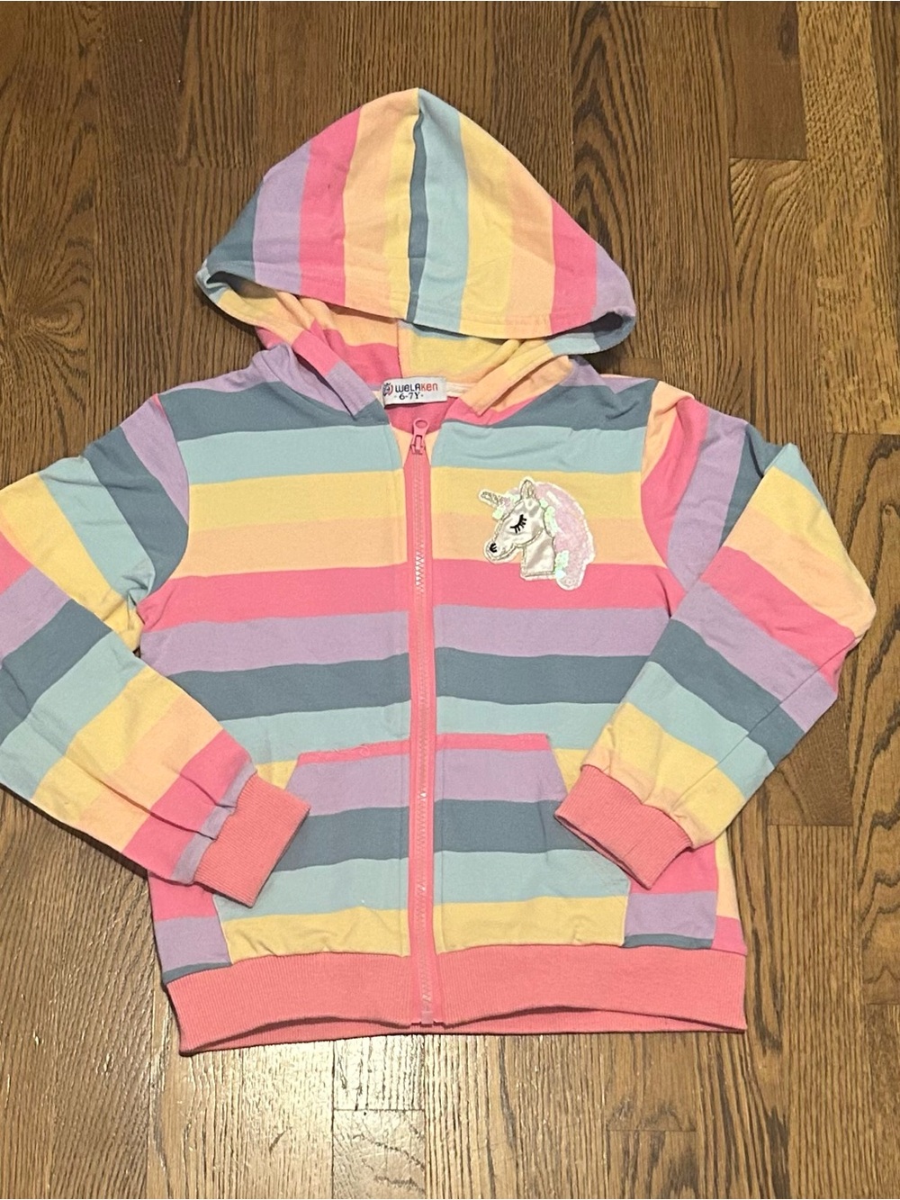 Girls' Striped Zip Hoodie with Unicorn Patch - Pink Multi 256